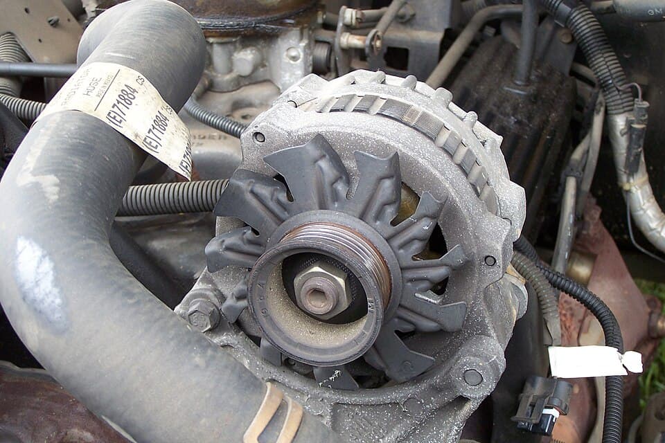 Automotive alternator showing its metal housing, cooling fan and drive pulley